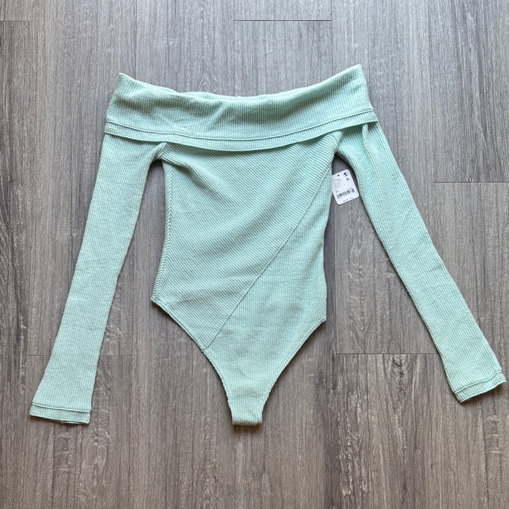 Free People Light Green Textured Knit Bodysuit NWT